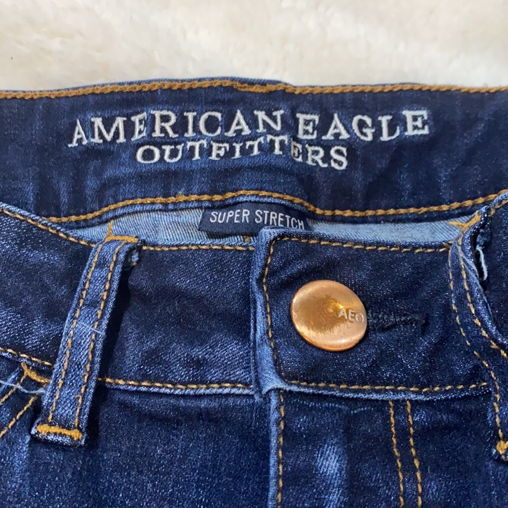 American Eagle hi-rise “shortie” shorts. Dark wash/cuffed/super stretch. Size 10 - Picture 3 of 11